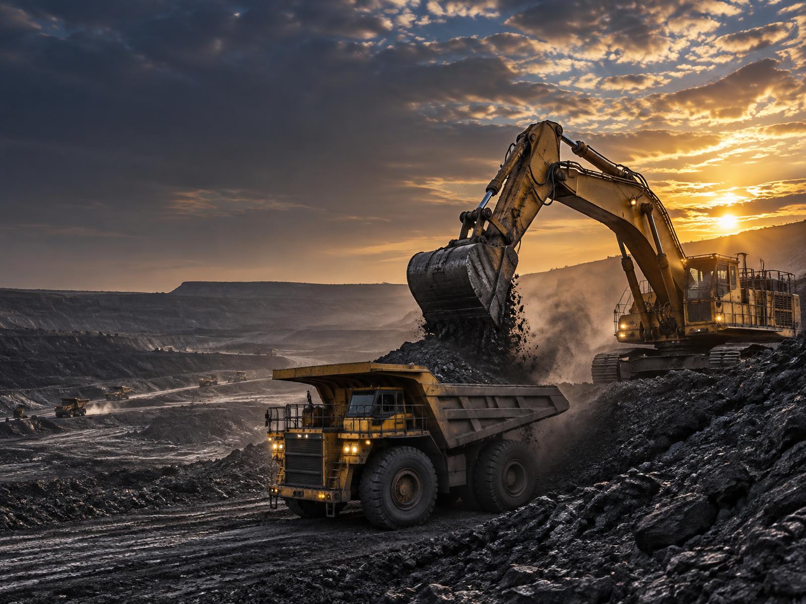 Open-cast coal mining operation with excavator and haul truck
